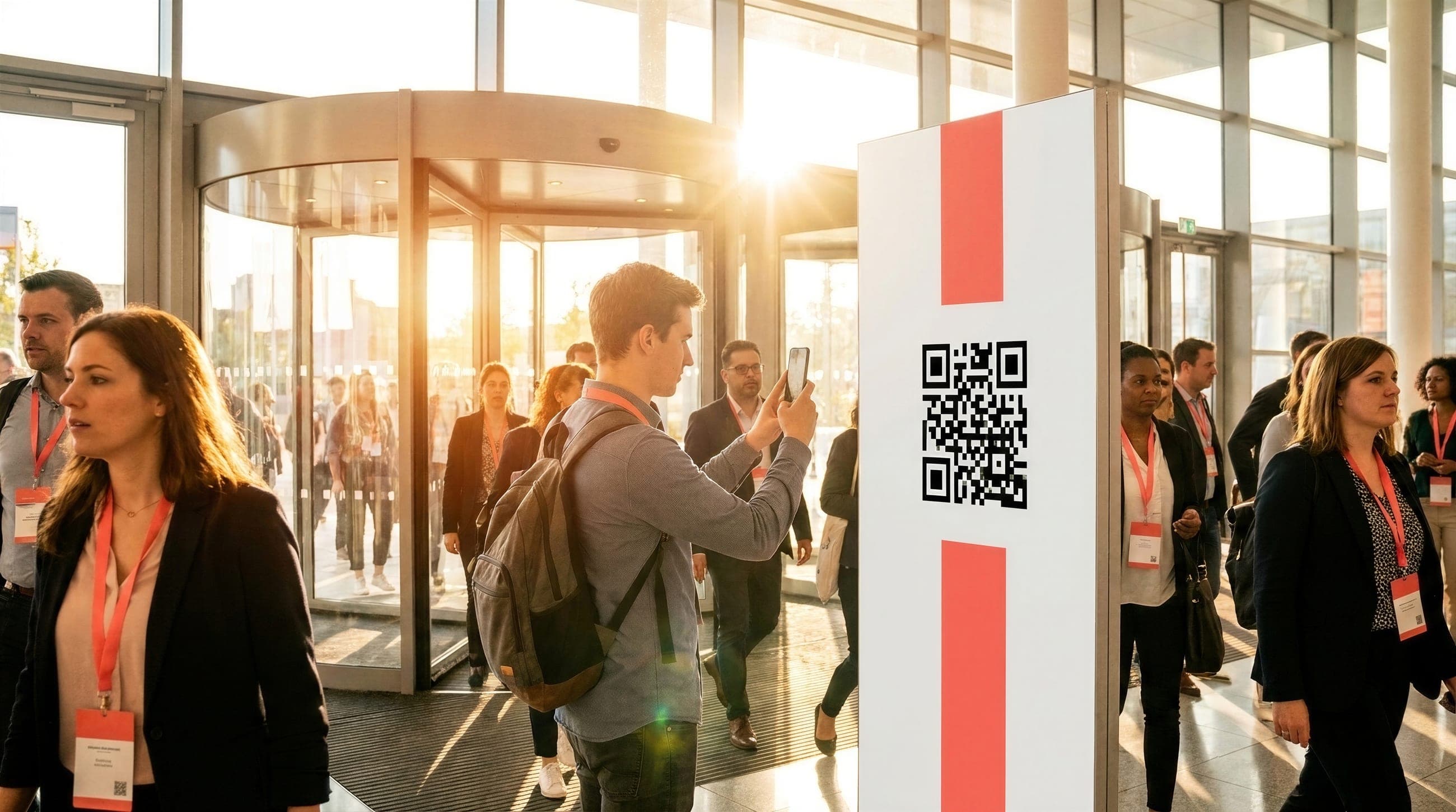 A visitor scans the QR code on a poster at the glass entrance of the show