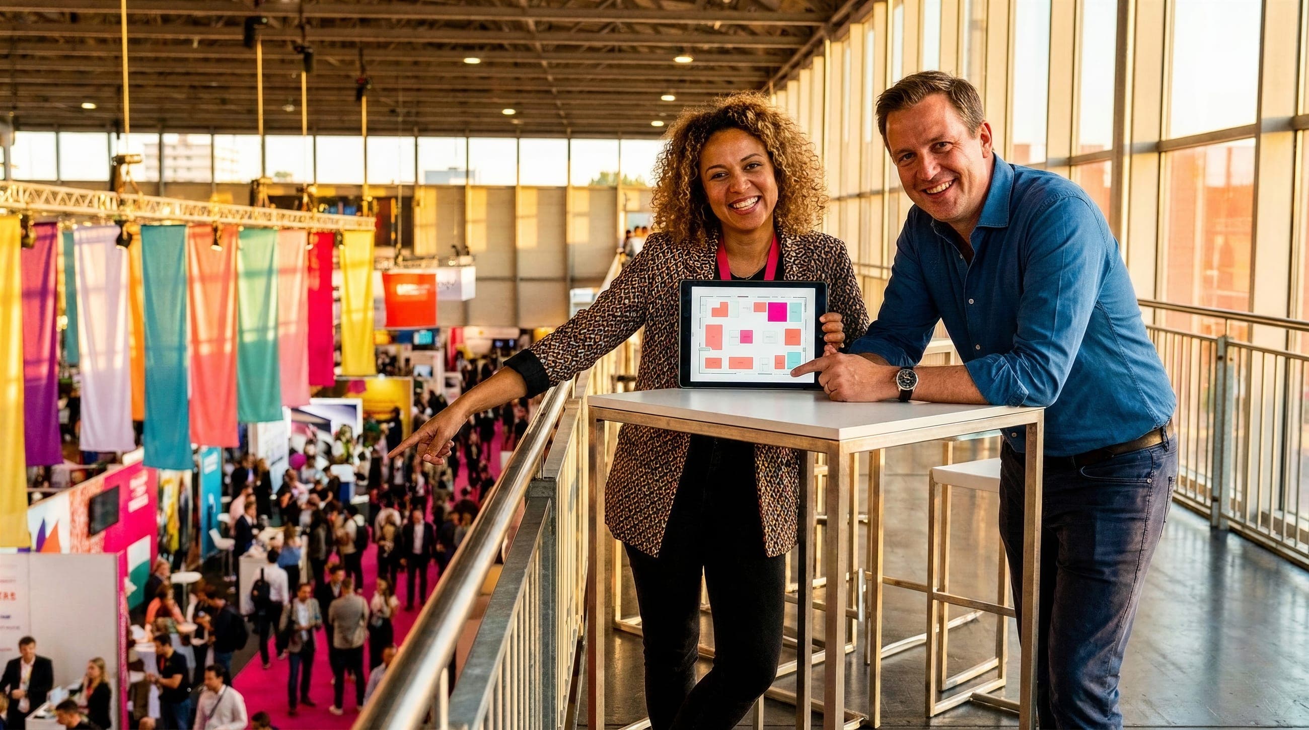 Two organizers on the mezzanine review the plan on a tablet above the show floor